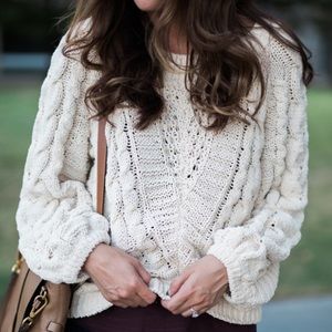 Cable Knit Boat Neck Balloon Sleeve Sweater